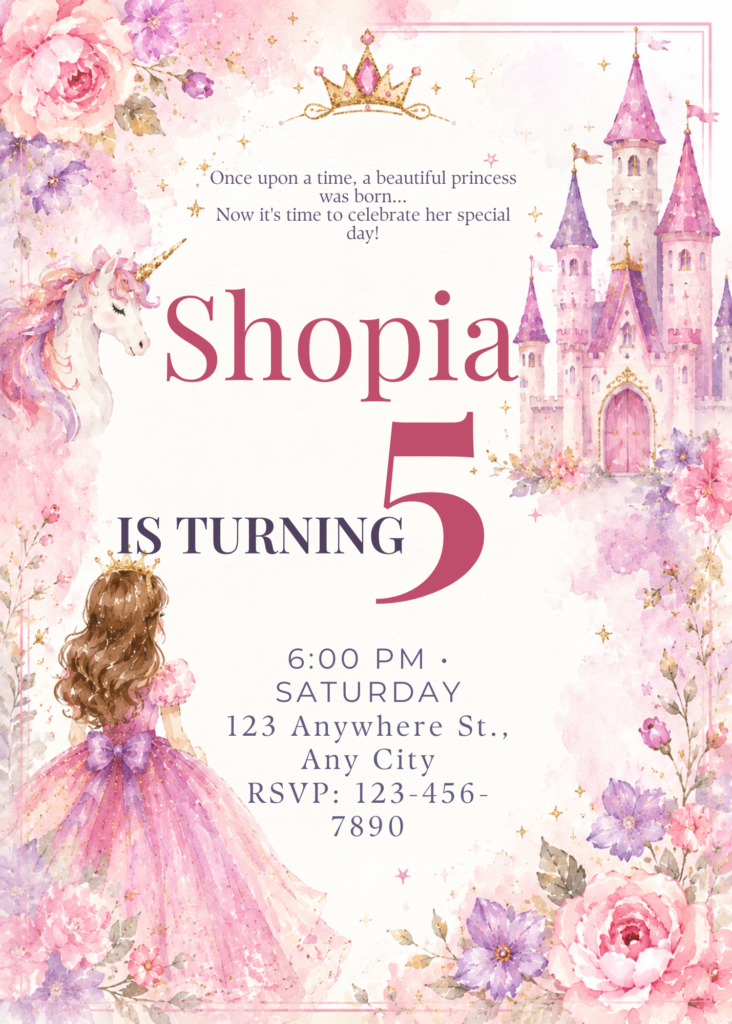 Watercolor Princess Birthday Invitation