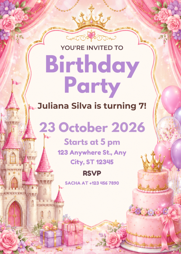 Royal Castle Princess Birthday Invitation Canva Template
