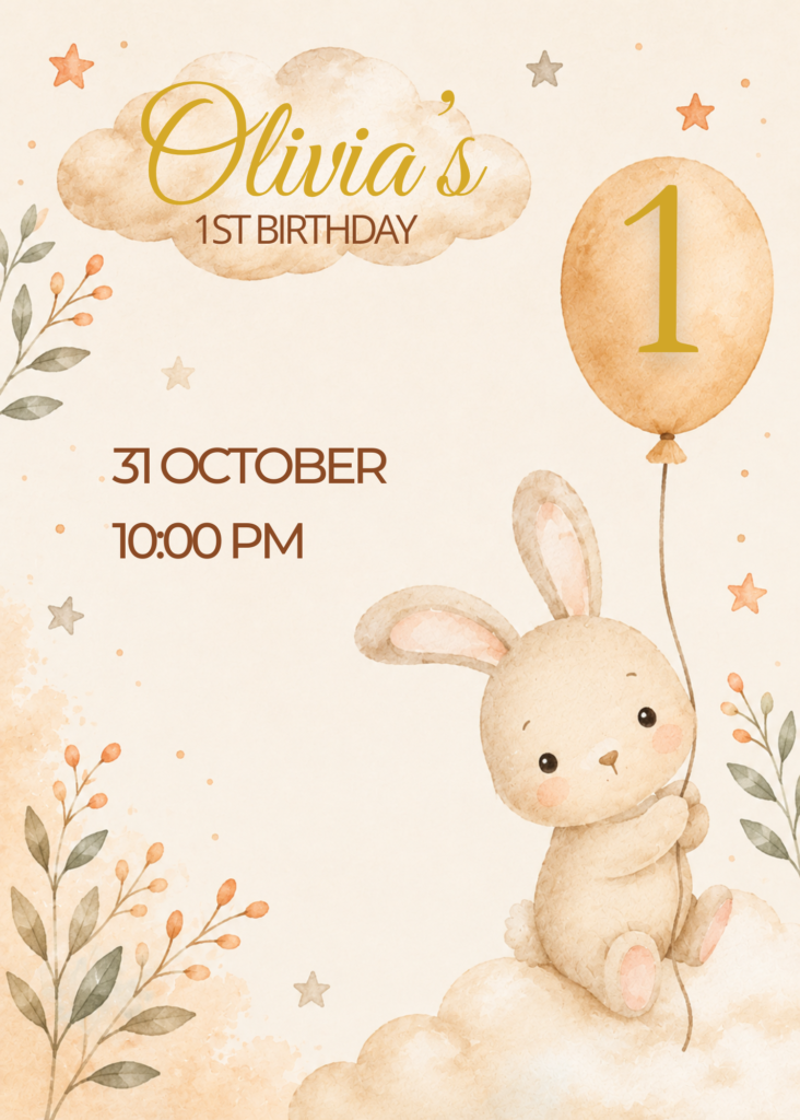 Sweet Bunny First Birthday Invitation