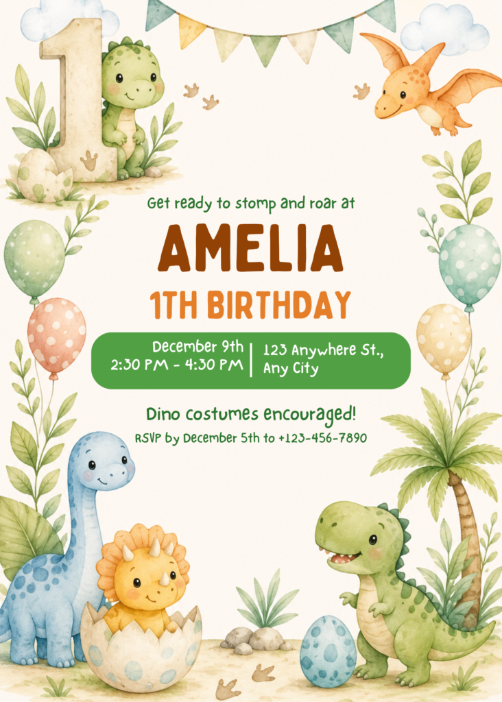 Cute Dinosaur First Birthday