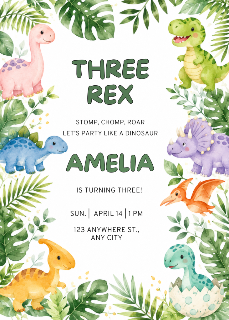 Three-Rex 3rd Birthday Invitation