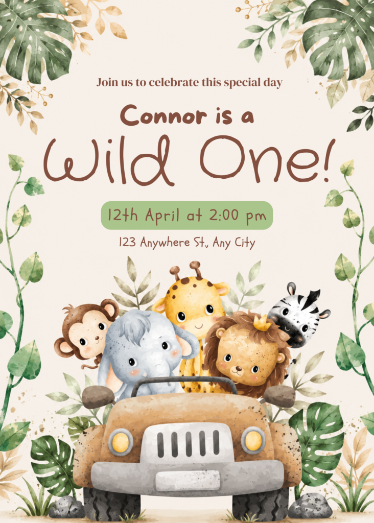 Wild One Safari Birthday Invitation