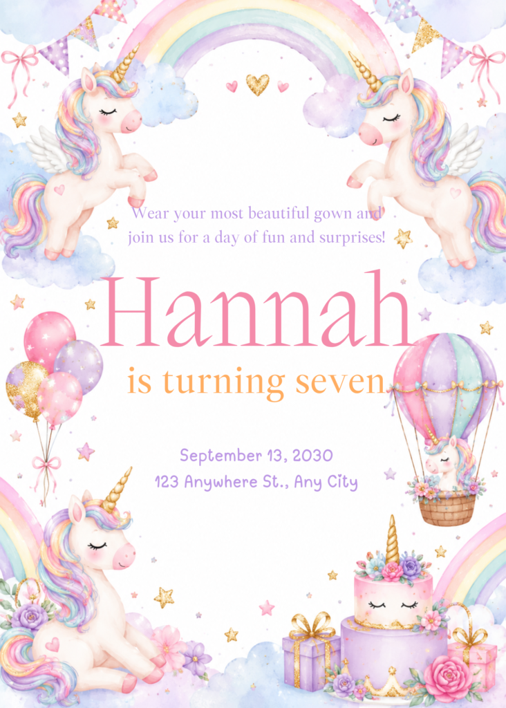 Pastel Unicorn Birthday Invitation