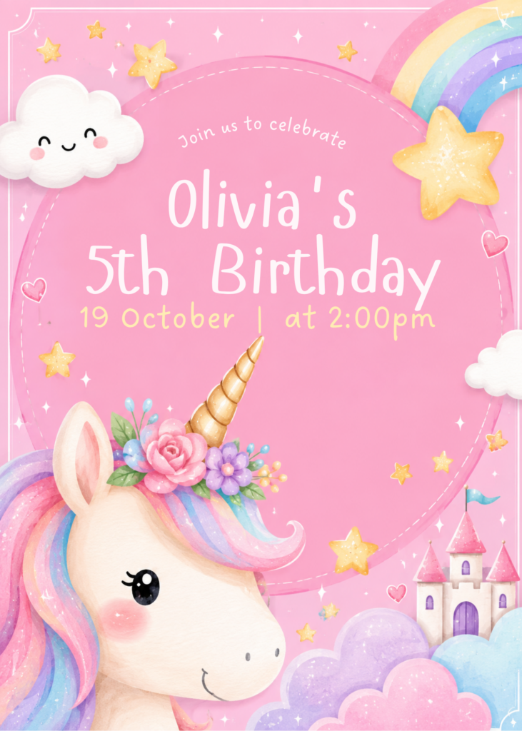 Pink Unicorn Birthday Invitation