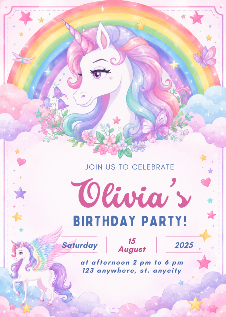 Rainbow Unicorn Birthday Invitation