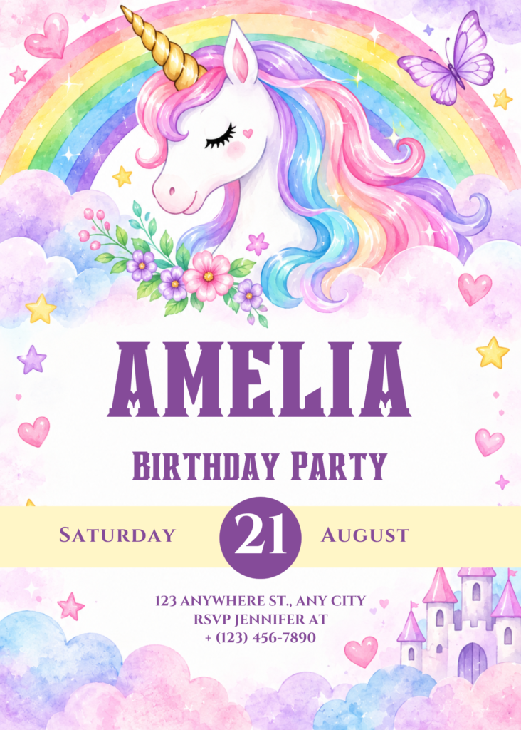 Kawaii Unicorn Birthday Invitation