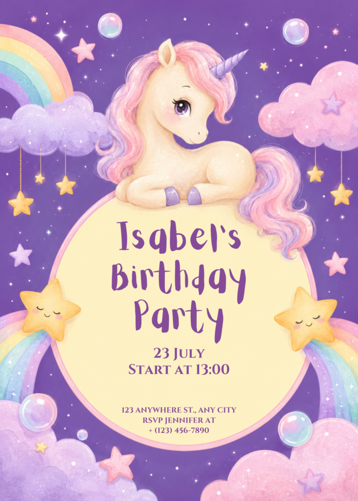 Unicorn & Clouds Birthday Invitation