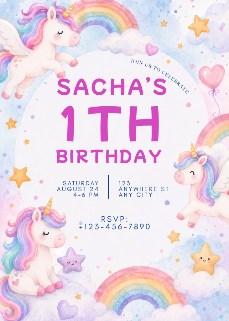 Purple Unicorn Birthday Invitation