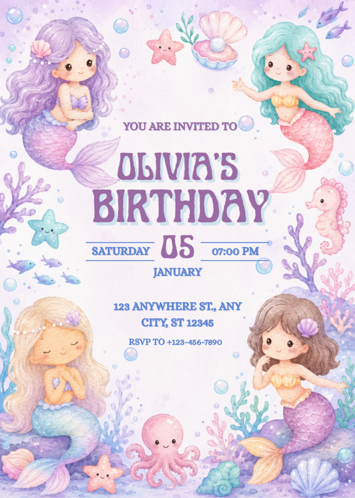 Kawaii Mermaid Birthday Invitation