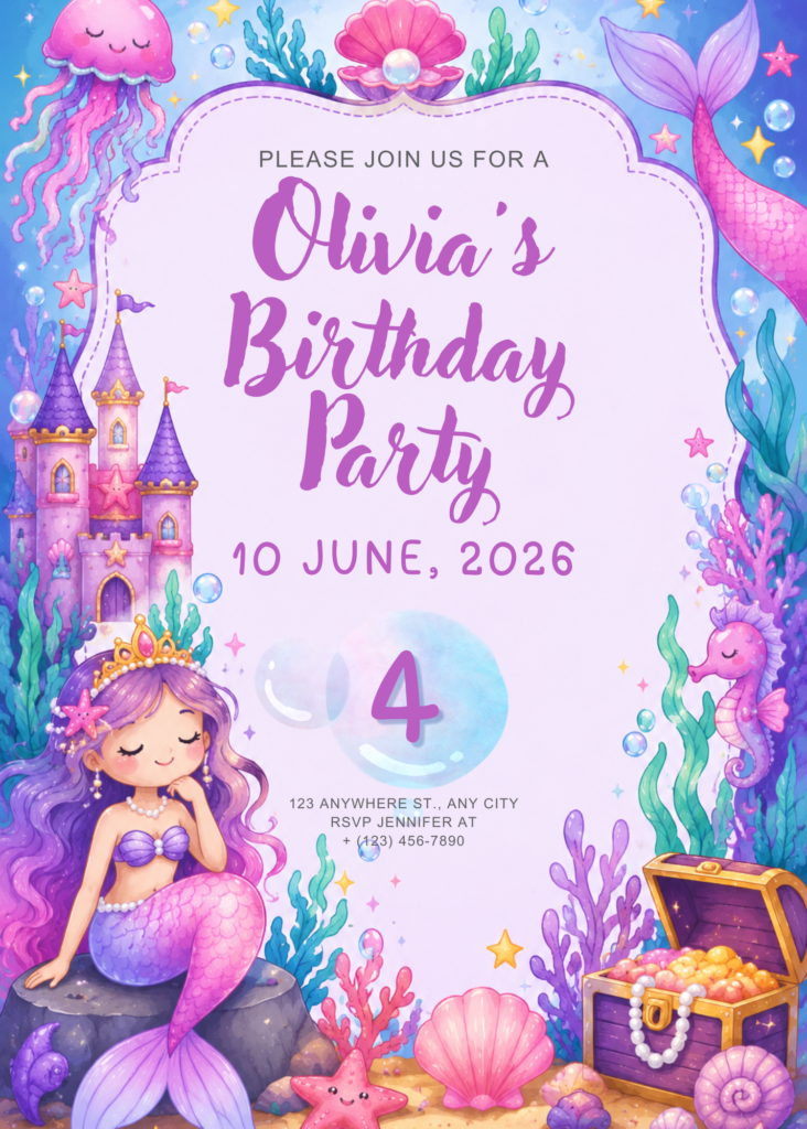 Mermaid Princess Birthday Invitation