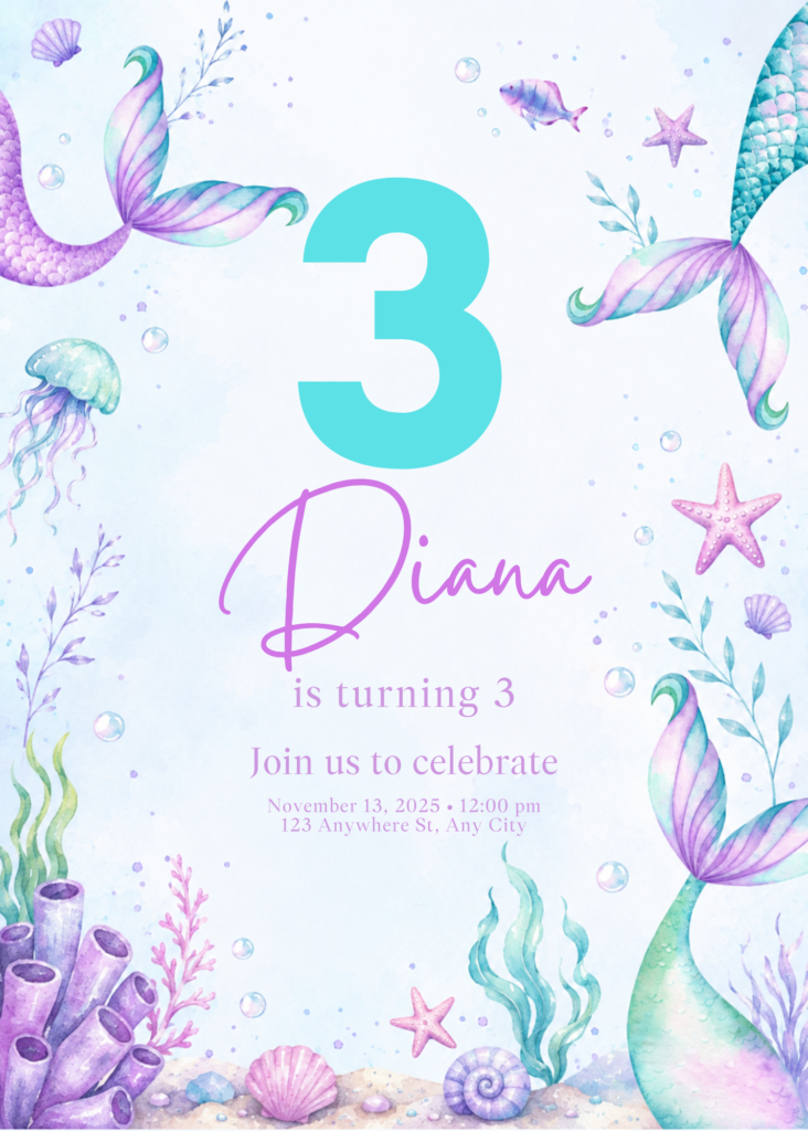 Watercolor Mermaid Birthday Invitation