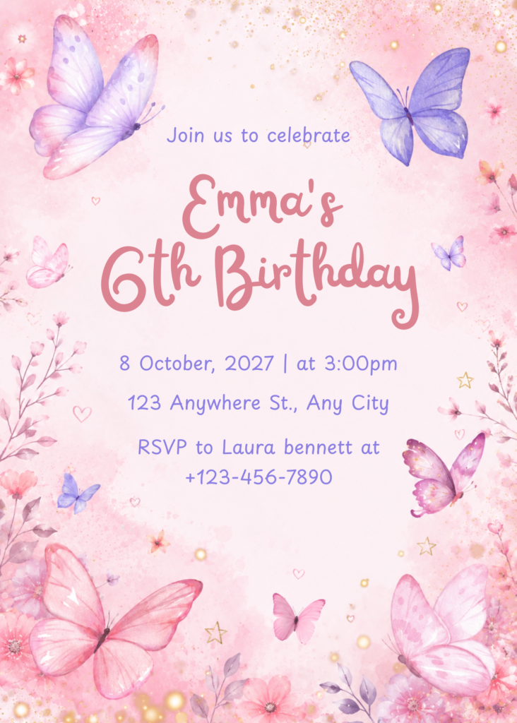 Pink Butterfly Birthday Invitation