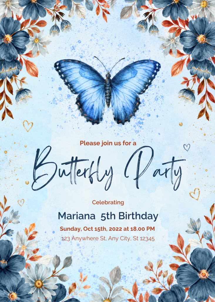 Blue Butterfly Birthday Invitation
