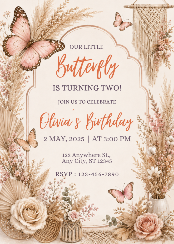 Boho Butterfly Birthday Invitation