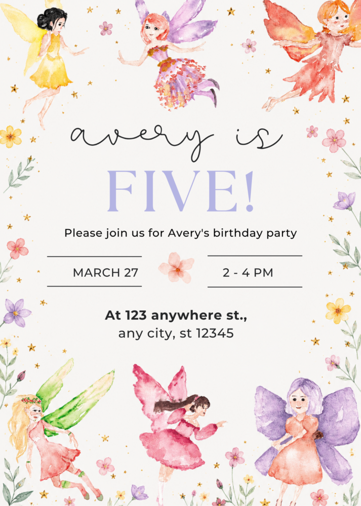 Celebrate in elegant magical style with this beautiful Fairy & Gold Birthday Invitation. Featuring elegant fairies, gold stars, glitter, and pastel flowers, this Canva template is perfect for an elegant girls' birthday celebration.