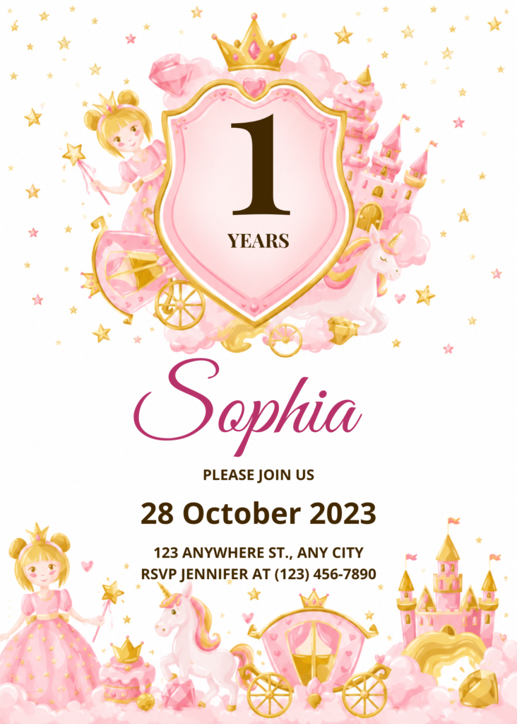 Pink and Gold Princess First Birthday Invitation