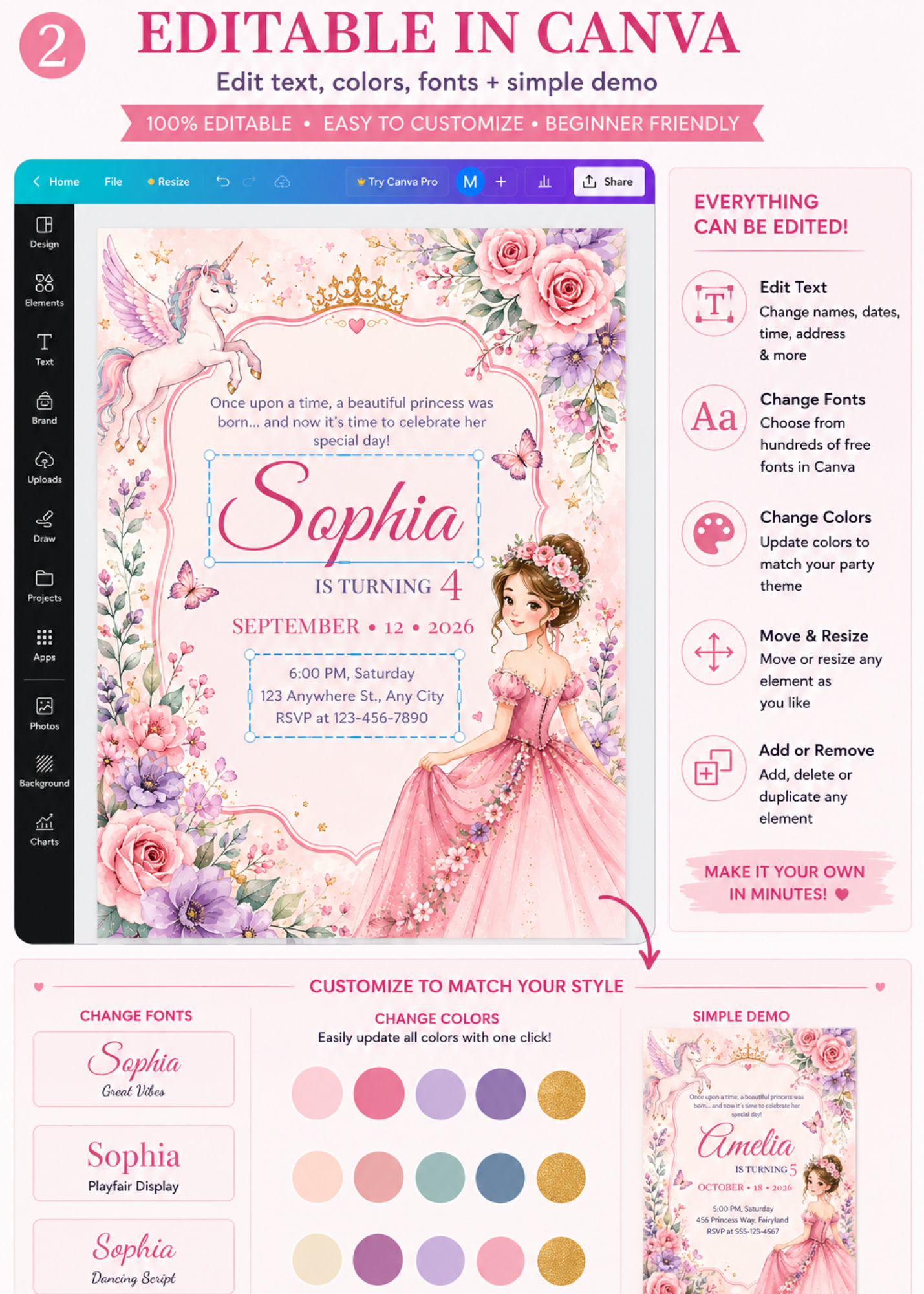 Floral Princess Birthday Invitation Canva Template
