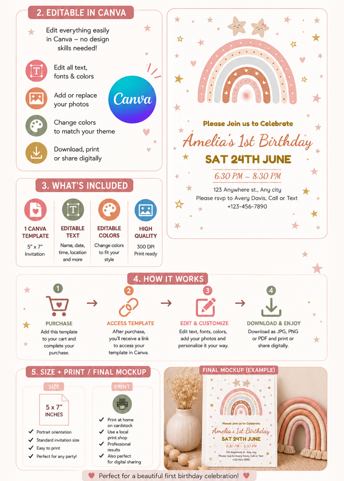 Boho Rainbow First Birthday Invitation