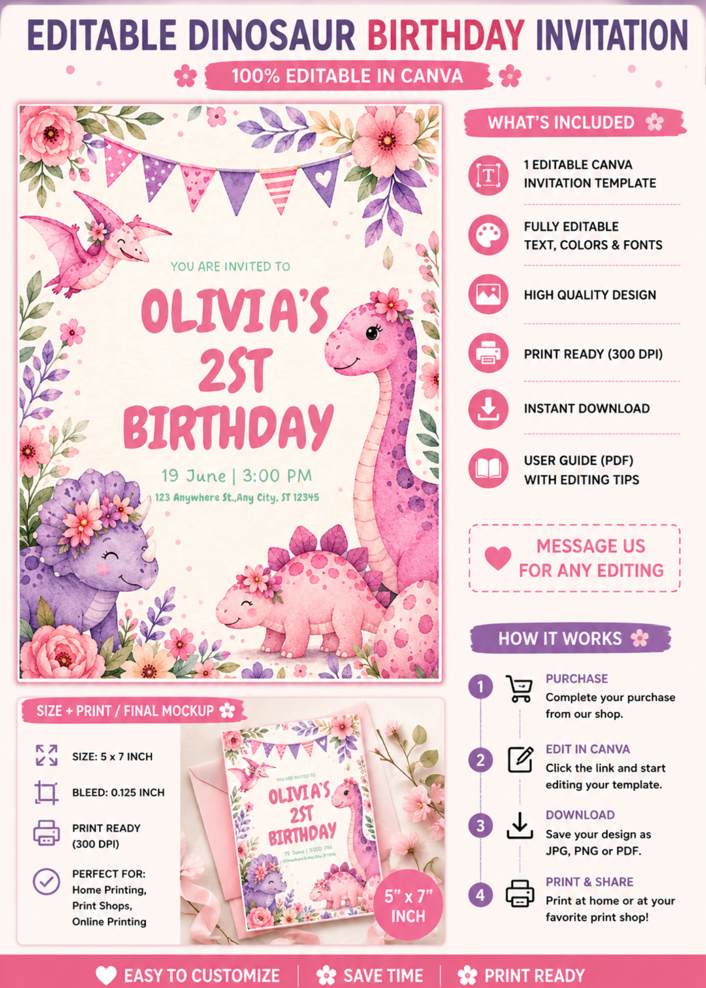 Pink Dinosaur Girl Birthday