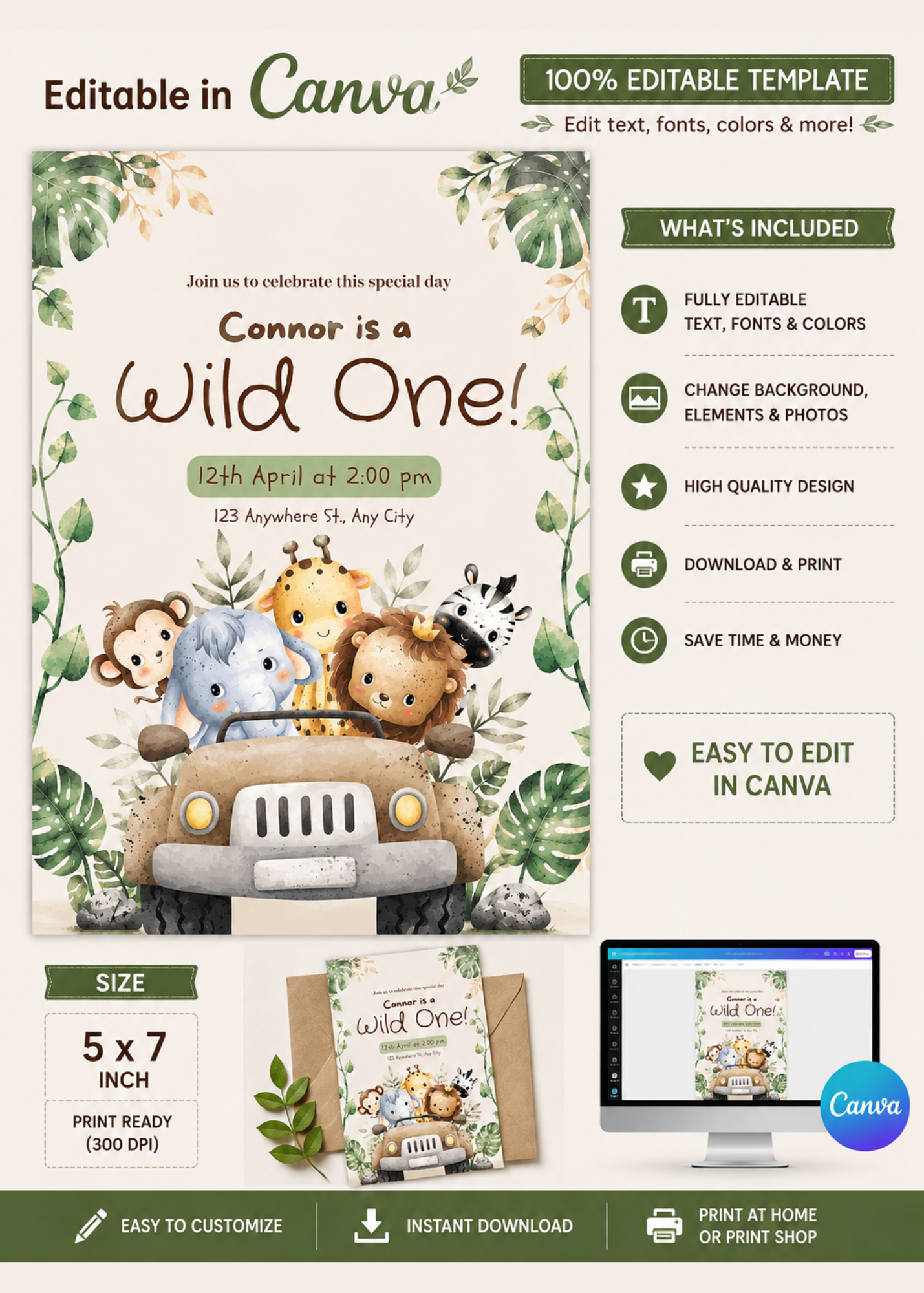Wild One Safari Birthday Invitation
