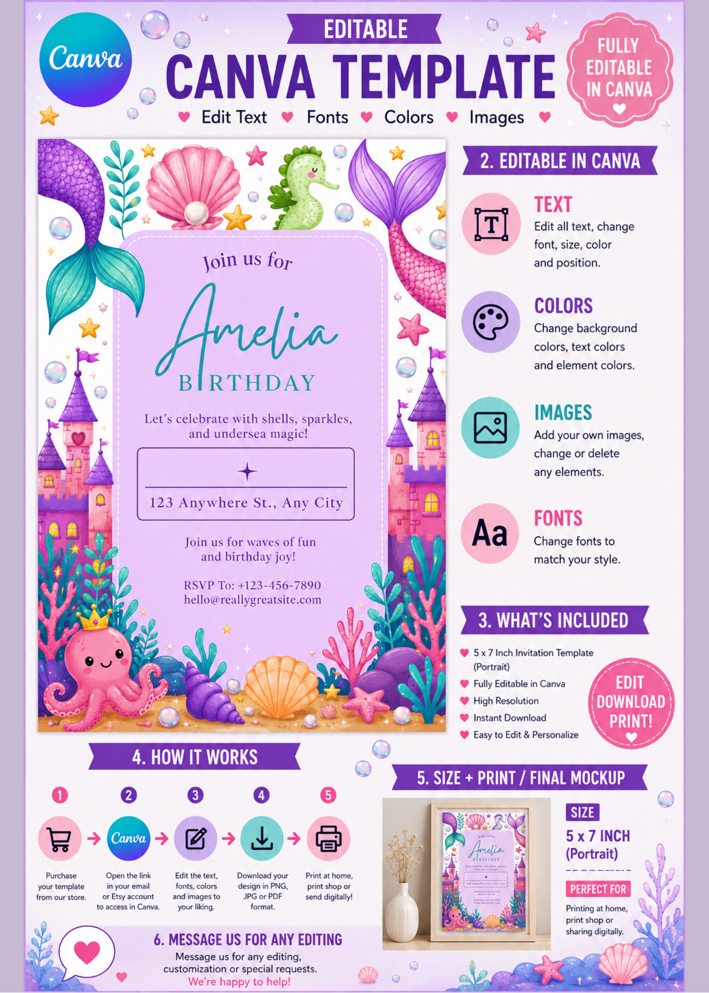 Pink Mermaid Birthday Invitation