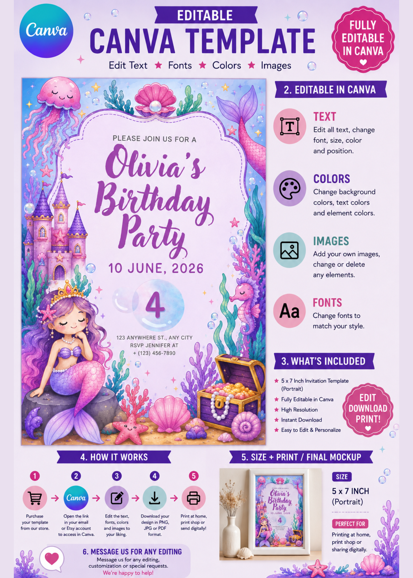 Mermaid Princess Birthday Invitation