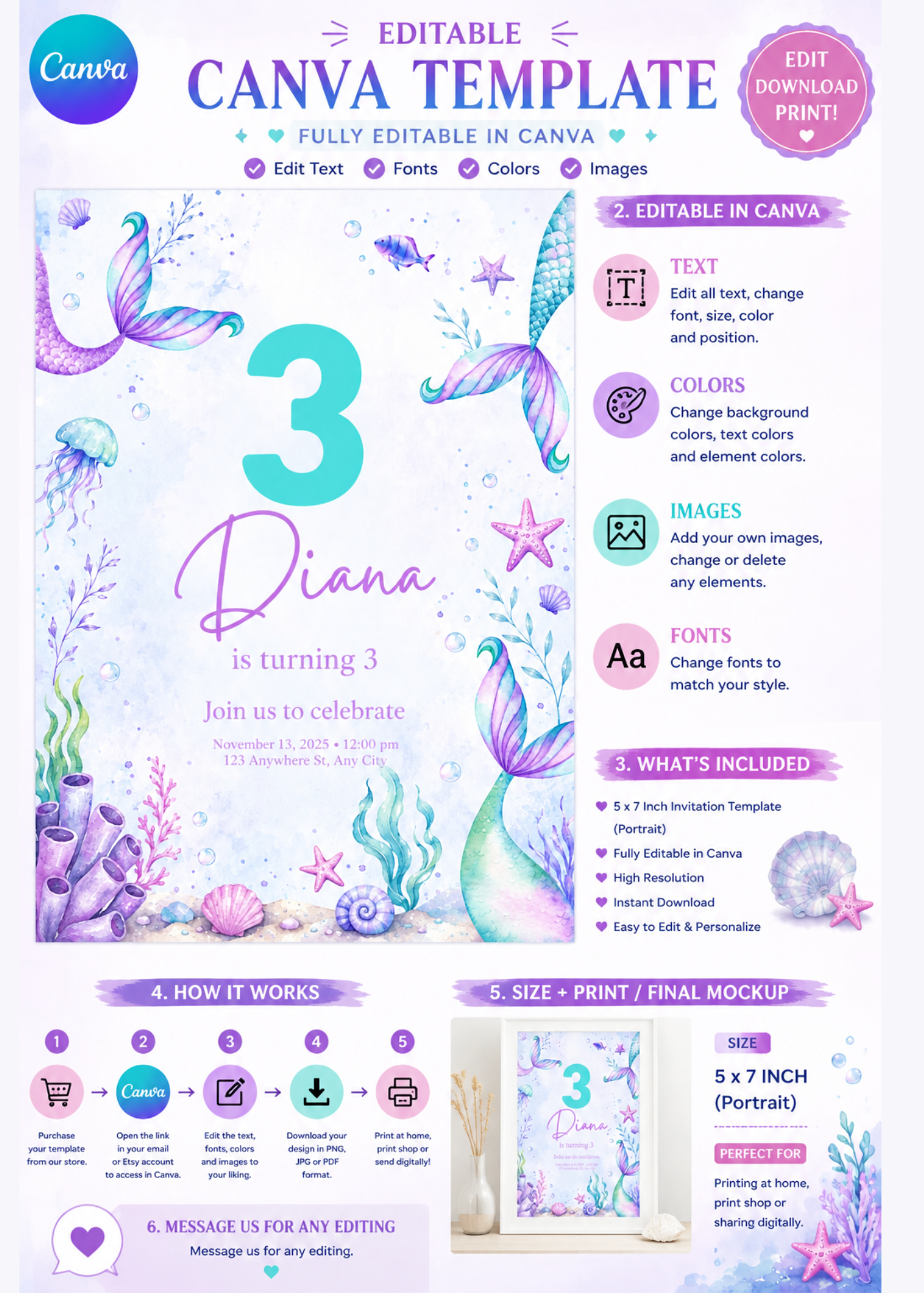 Watercolor Mermaid Birthday Invitation