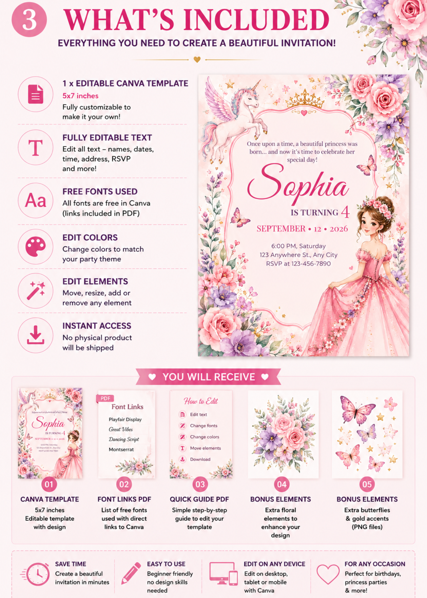 Floral Princess Birthday Invitation Canva Template