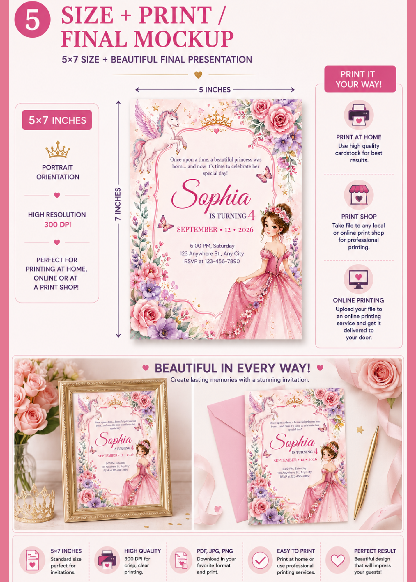 Floral Princess Birthday Invitation Canva Template