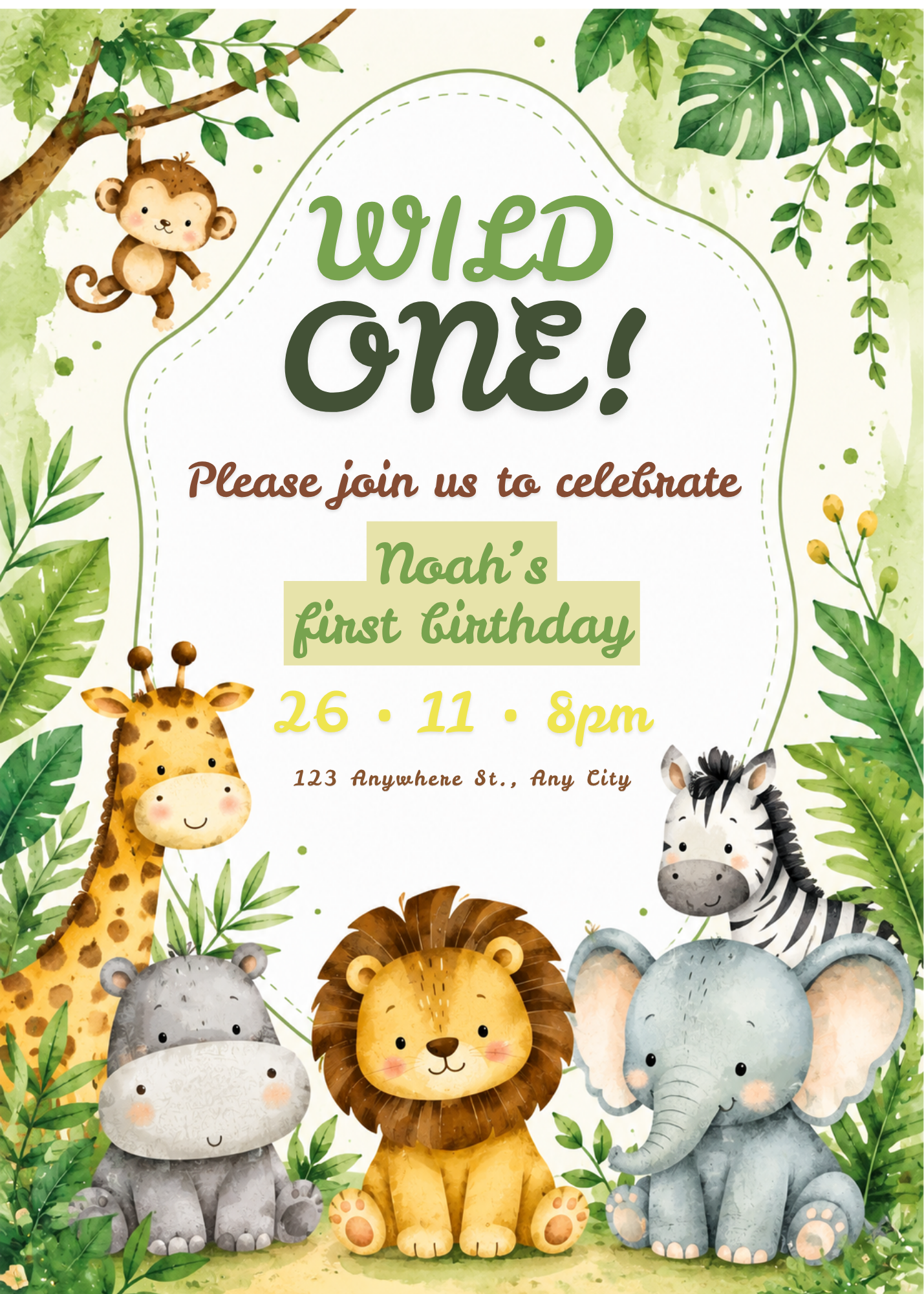 Watercolor Jungle Animal Birthday Invitation