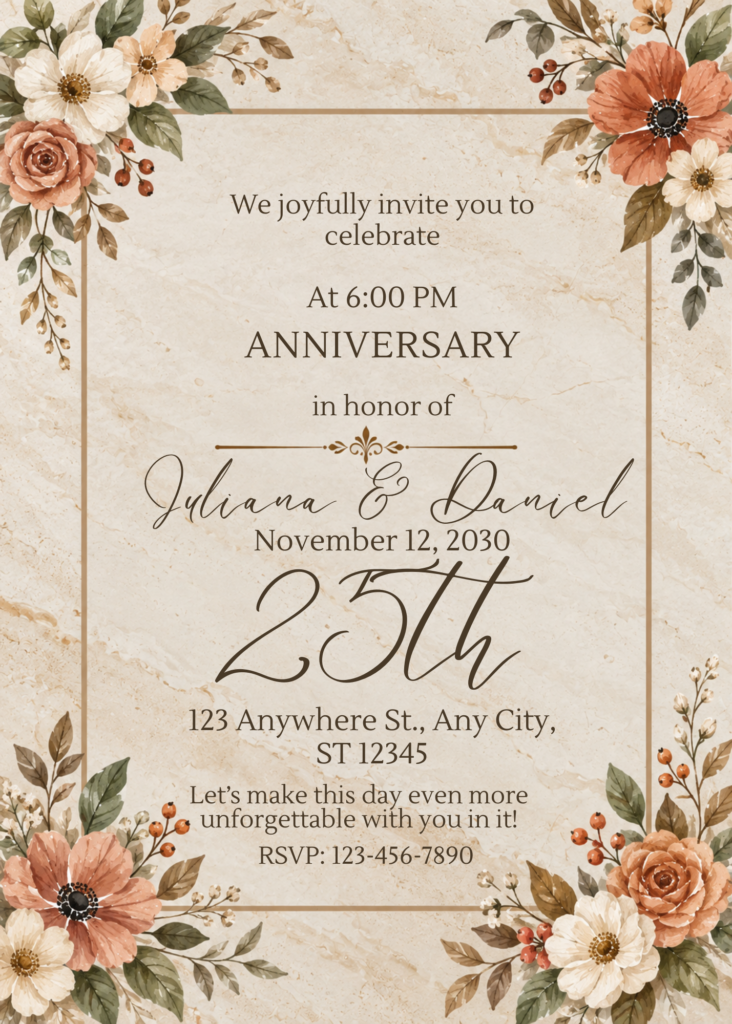 Editable 25th Anniversary Invitation Template
