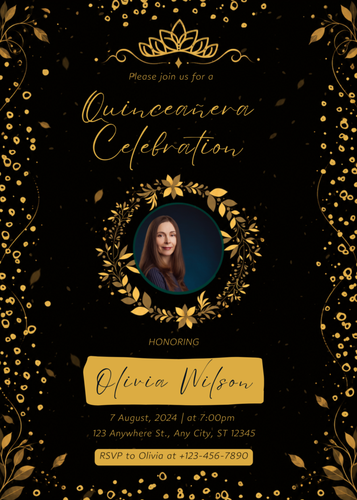 Editable Black and Gold Quinceañera Invitation
