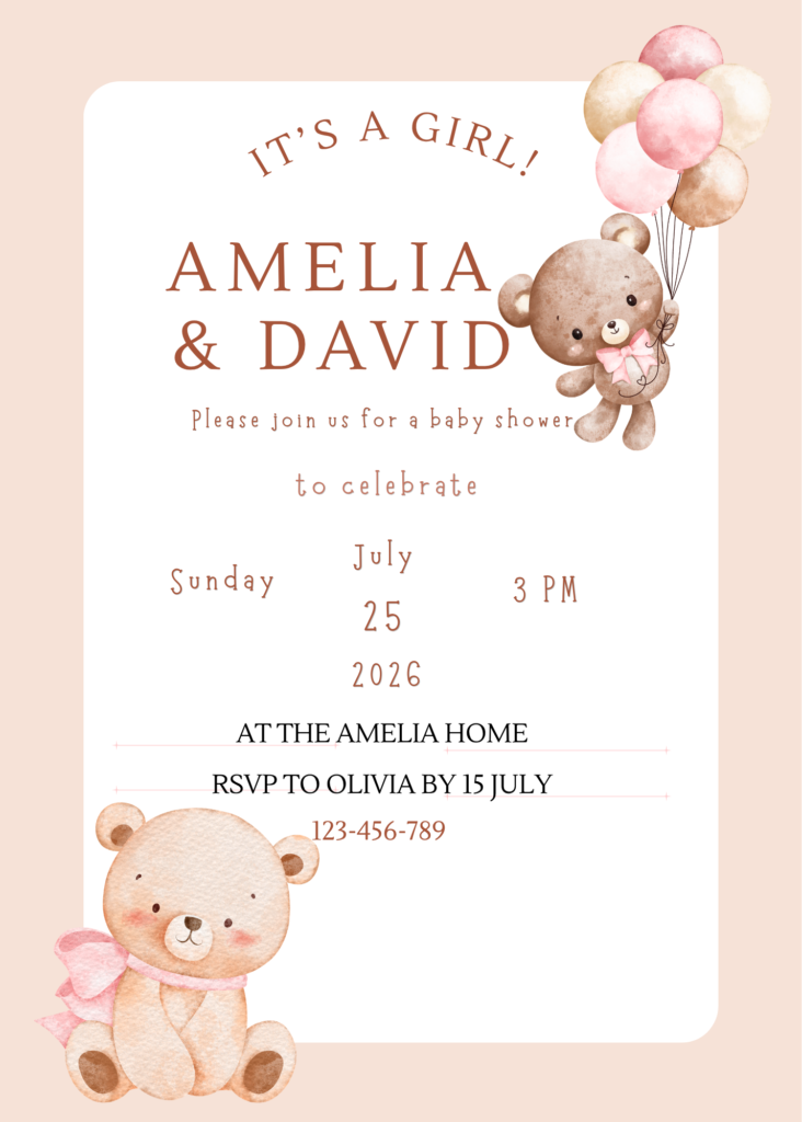 Editable Teddy Bear Baby Shower Invitation