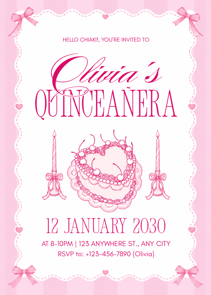 Editable Canva pink Quinceañera invitation template